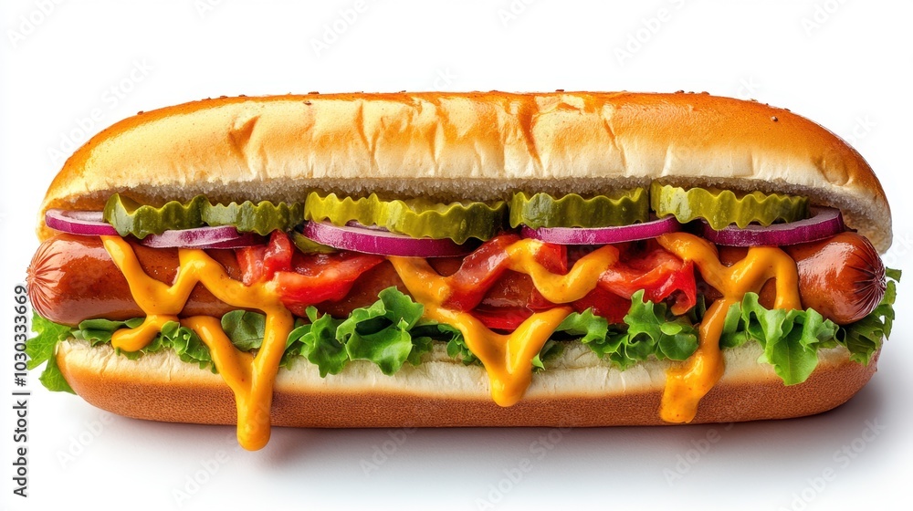 A delicious hot dog loaded with toppings on a soft bun, served fresh on a sunny afternoon picnic A delicious hot dog loaded with toppings on a soft bun, served fresh on a sunny afternoon picnic