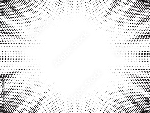 Halftone gradient sun rays pattern. Abstract halftone vector dots background. monochrome dots pattern. Vector background in comic book style with sunburst rays and halftone. Retro pop art design.	