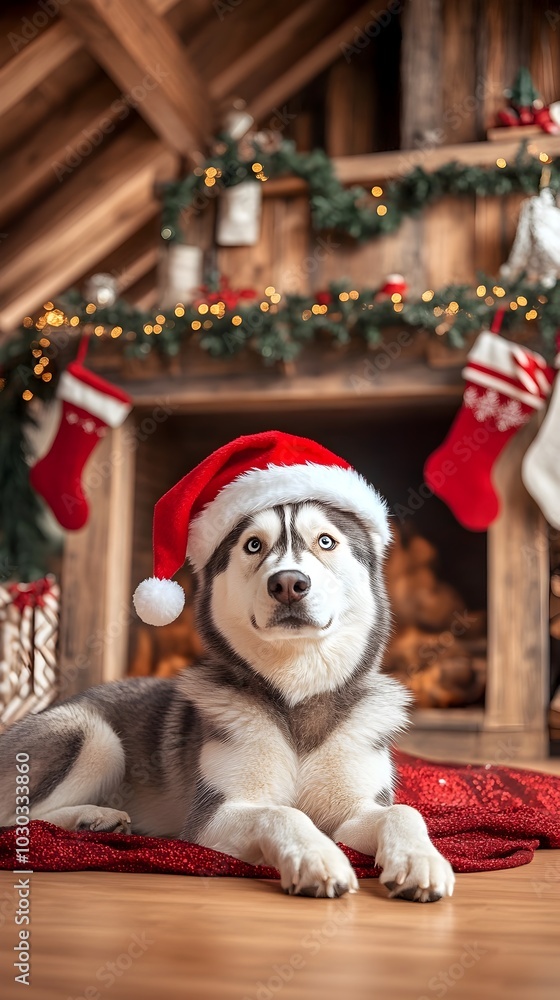Cozy Christmas Scene with Playful Siberian Husky in Red Santa Hat by Fireplace in Rustic Cabin Interior Cozy Christmas Scene with Playful Siberian Husky in Red Santa Hat by Fireplace in Rustic Cabin Interior