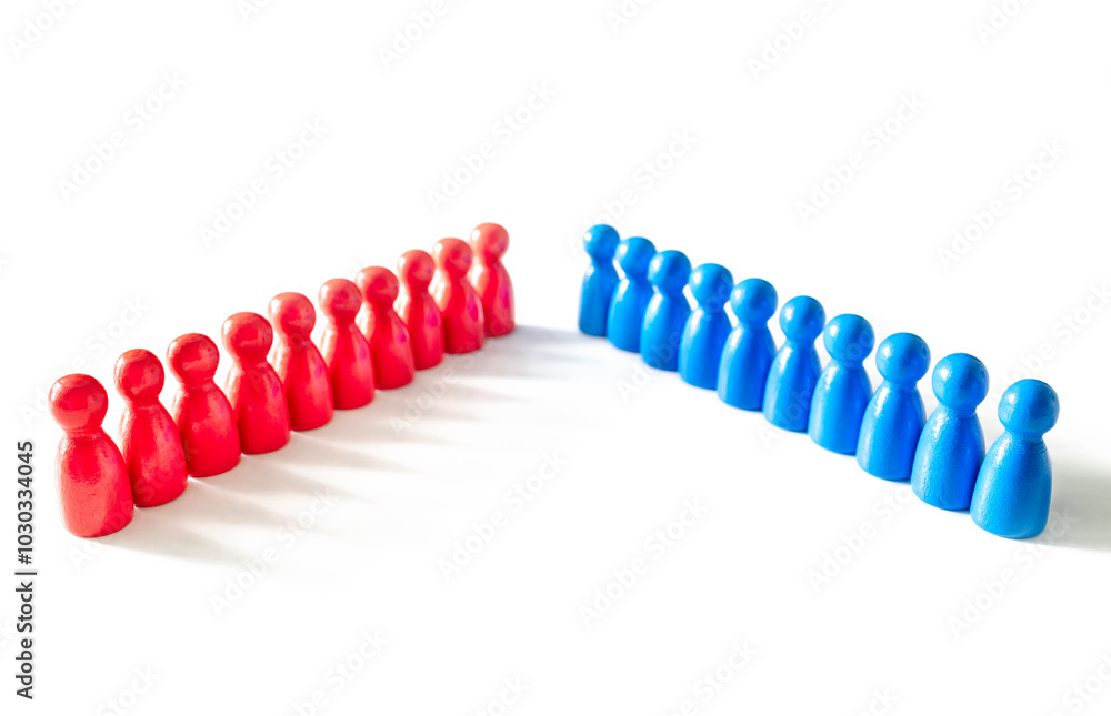 Confrontation, competition, opposition and conflict concept blue and red wooden pawn business teams on white background