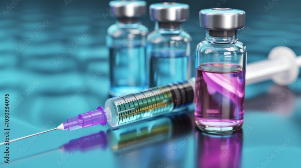 disposable syringe is filled with a clear liquid and lies on a metal table disposable syringe is filled with a clear liquid and lies on a metal table