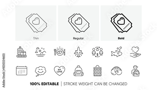 Delivery discount, Sea mountains and Backpack line icons. Pack of Baggage belt, Shopping bag, My love icon. Vr, Plane, Fish pictogram. Hold heart, Calendar, Romantic dinner. Line icons. Vector