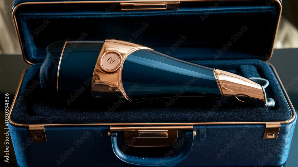 In Jurmala, Latvia, on April 23, 2024, a black and gold hair dryer is displayed inside a blue case. This is the Airwrap Multi-Styler Complete Long in blue and copper.
In Jurmala, Latvia, on April 23, 2024, a black and gold hair dryer is displayed inside a blue case. This is the Airwrap Multi-Styler Complete Long in blue and copper.