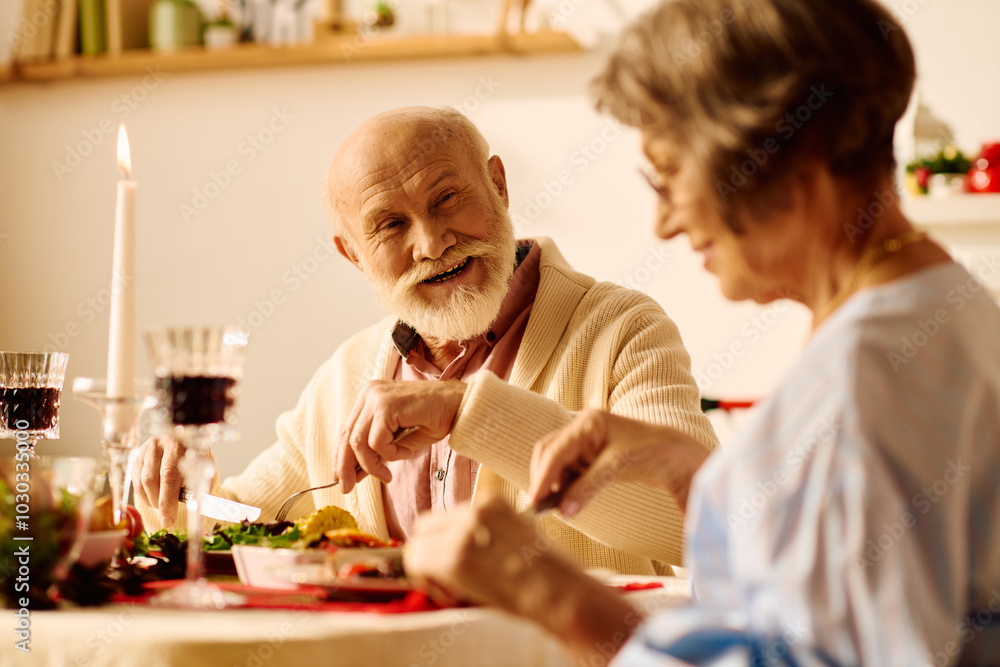 A loving senior couple celebrates Christmas with a festive dinner, filling their home with joy. A loving senior couple celebrates Christmas with a festive dinner, filling their home with joy.