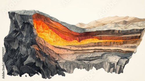 A striking cross-section revealing the vibrant layers of a volcanic landscape with molten lava glowing at the center photo