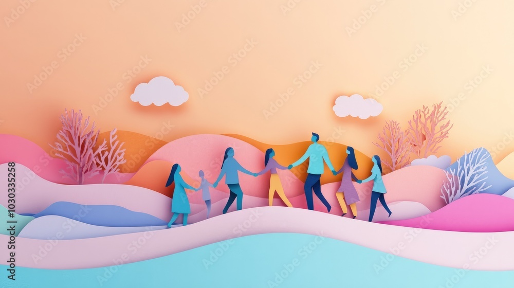 A dynamic paper cut-out scene of diverse people holding hands, symbolizing community and togetherness, with a soft gradient background. A dynamic paper cut-out scene of diverse people holding hands, symbolizing community and togetherness, with a soft gradient background.