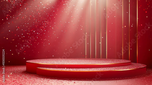 3D rendering red festive sprinkling gold decorative product booth background