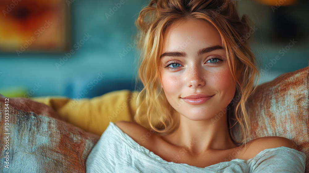Portrait of a smiling young woman lying on a bed, radiating warmth and contentment. Bright, inviting, and natural beauty in a relaxed setting Portrait of a smiling young woman lying on a bed, radiating warmth and contentment. Bright, inviting, and natural beauty in a relaxed setting