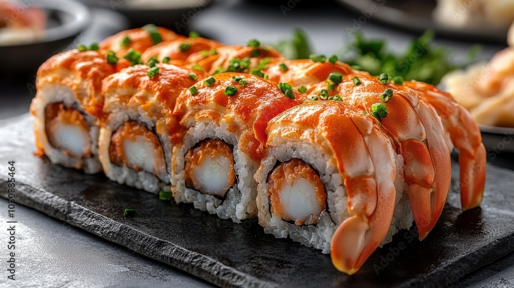 Savoring a vibrant sushi roll adorned with luscious shrimp and fresh herbs on a sleek stone plate in a modern dining setting