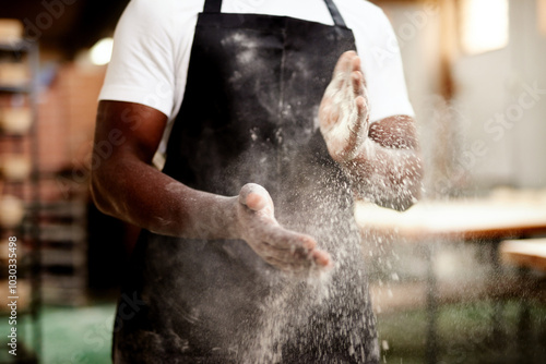 Konstfotografi Black man, hands and dust with flour at bakery for bread, rolls or pastry production at factory