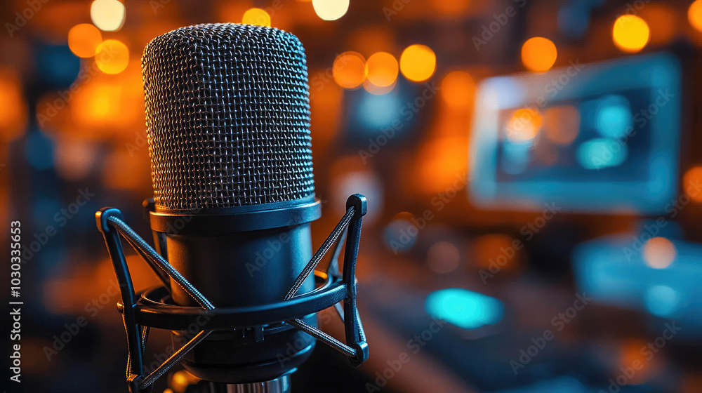 A professional studio microphone in close-up against blurred lights. The microphone is on a stand in warm lighting, perfect for audio recording A professional studio microphone in close-up against blurred lights. The microphone is on a stand in warm lighting, perfect for audio recording