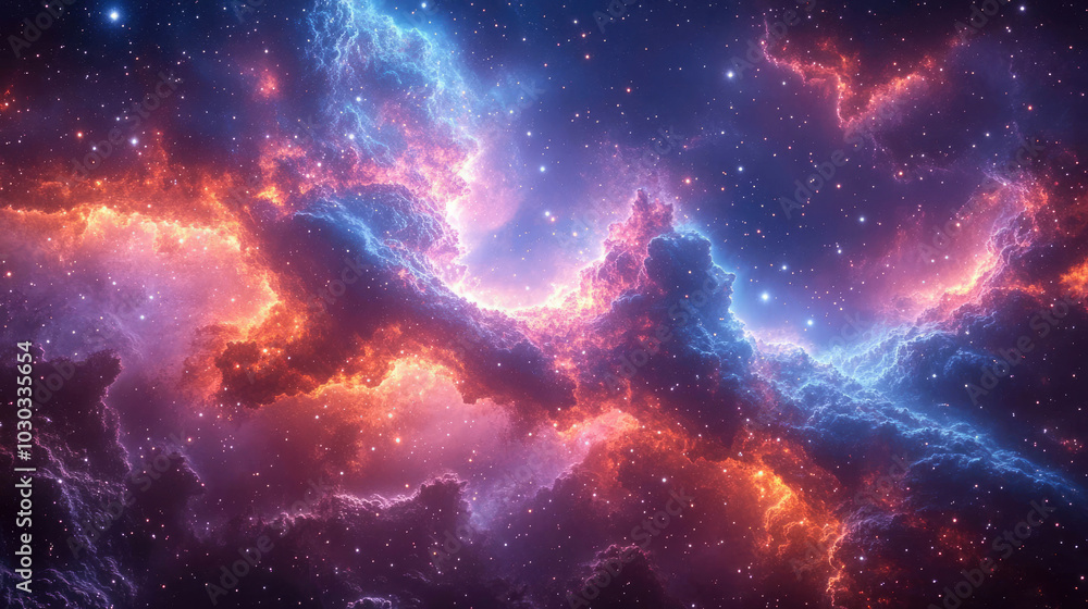 Fototapeta premium A photorealistic image of space with bright purple and pink clouds and stars. A breathtaking view of cosmic space with nebulas and starlight