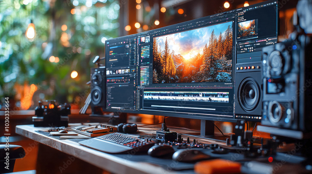A modern workstation with a computer, speakers, and a professional video editing interface on the screen, designed for video editing and post-production A modern workstation with a computer, speakers, and a professional video editing interface on the screen, designed for video editing and post-production