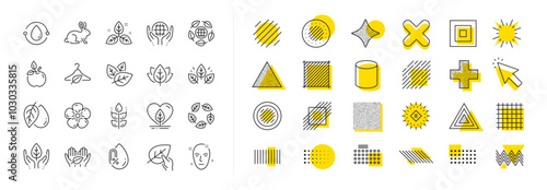 No alcohol free, synthetic fragrance. Design shape elements. Organic cosmetics line icons. Slow fashion, sustainable textiles icons. Fair trade, eco organic cosmetics. Vector
