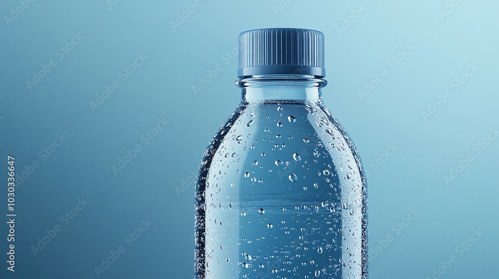 A glass bottle of water with a white cap, on a blue background, with a few water droplets on the surface below. A glass bottle of water with a white cap, on a blue background, with a few water droplets on the surface below.