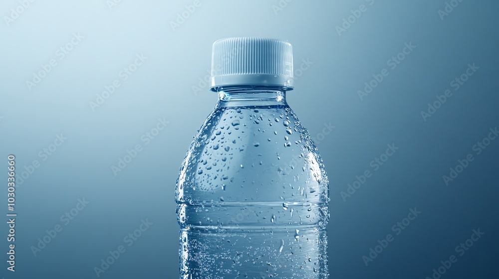 A plastic water bottle with condensation on a blue background. A plastic water bottle with condensation on a blue background.