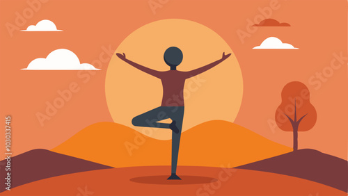 Yoga at Sunrise A serene scene of an individual practicing yoga poses like tree pose or warrior with a prosthetic limb set against a soft sunrise backdrop symbolizing balance and