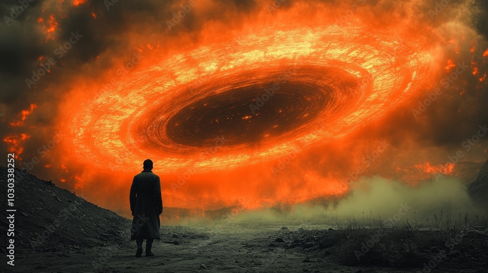 Fototapeta premium A man stands in front of a large orange hole in the ground