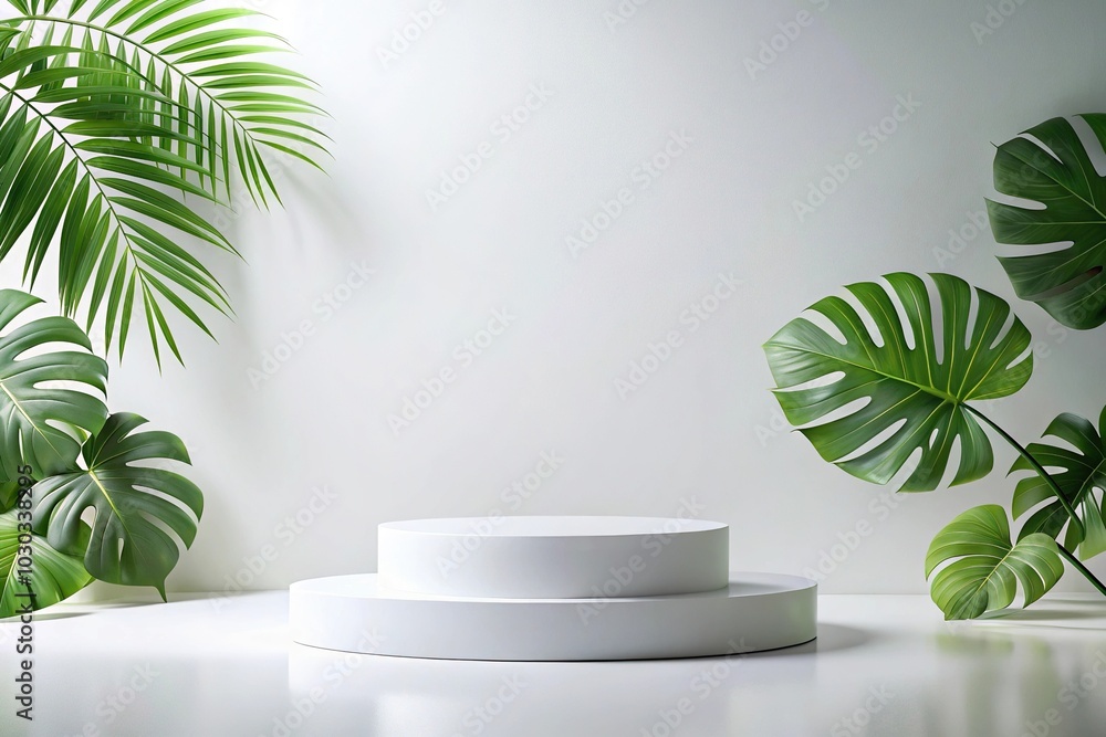 Minimalistic scene with podium and tropical leaves in white background Minimalistic scene with podium and tropical leaves in white background
