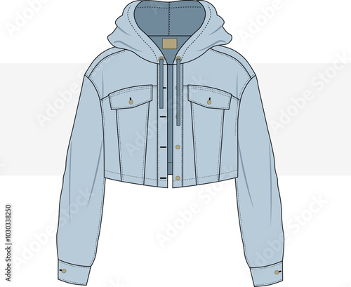 OVERSIZE DENIM JACKET WITH DROP SHOULDER HOOD DETAIL DESIGNED FOR WOMEN AND MEN VECTOR ILLUSTRATIONS.