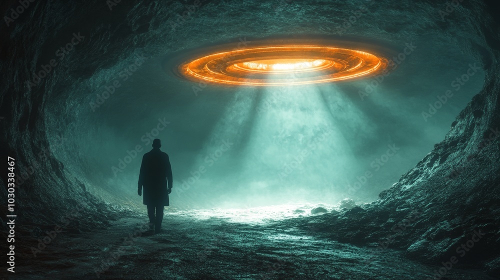 A man is walking through a tunnel with a large orange object in the sky A man is walking through a tunnel with a large orange object in the sky