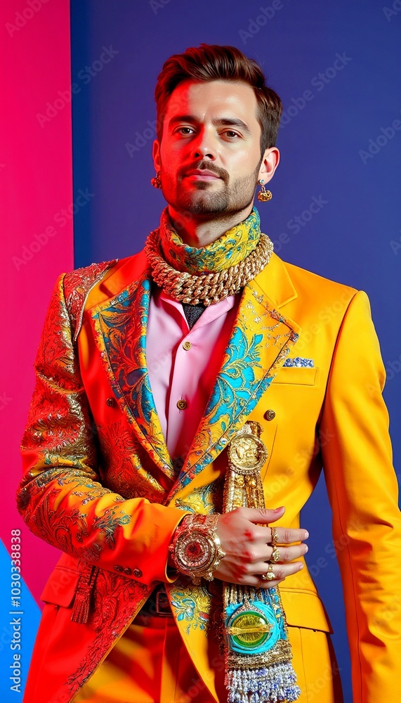 Obraz premium Fashionable man in a colorful embellished suit with elaborate jewelry poses against a vibrant background