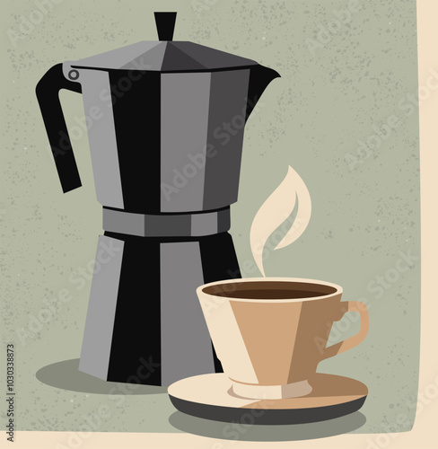 Coffee time. Vector illustration in retro style with coffee pot and coffee cup on light green background