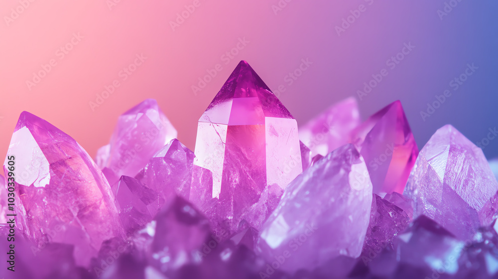 A cluster of vibrant purple crystals showcasing their natural beauty against a soft gradient background, perfect for illustrating geological wonders and mineral aesthetics. A cluster of vibrant purple crystals showcasing their natural beauty against a soft gradient background, perfect for illustrating geological wonders and mineral aesthetics.