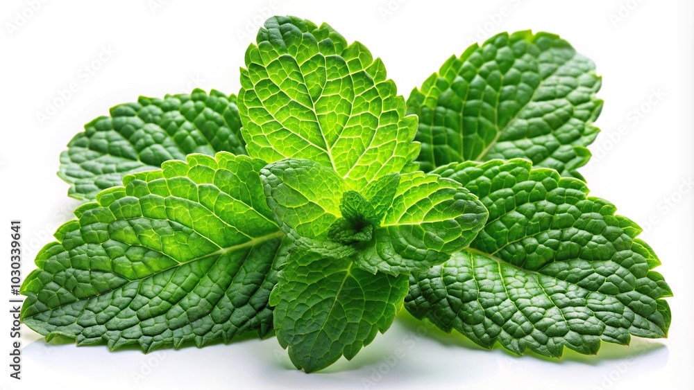 Mint green leaves isolated on white background, low angle view Mint green leaves isolated on white background, low angle view