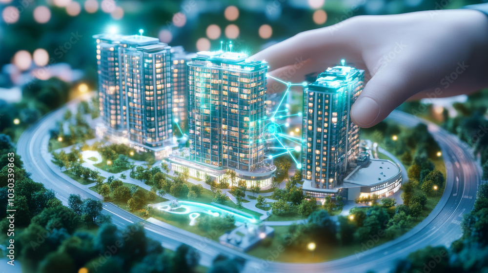 Obraz premium Smart building technology: Robotic hands holding a smart building network connection, showcasing automated systems, IoT integration, energy management, security systems, and building automation techno