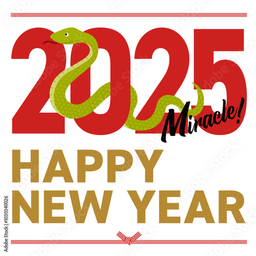 2025年をイメージした巳とhappy new yearの年賀状_正方形
