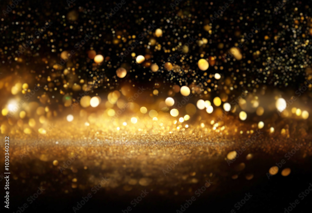 Golden glitter sparkles and bokeh on black background. Golden glitter sparkles and bokeh on black background.