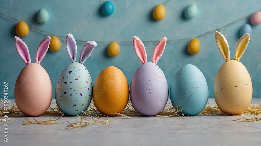 Pastel Easter Eggs with Bunny Ears on Blue Background Pastel Easter Eggs with Bunny Ears on Blue Background