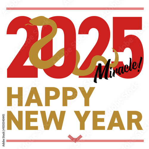 2025年をイメージしたシルエットの巳とhappy new yearの年賀状_正方形
