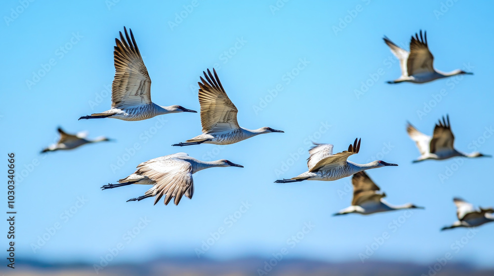 Fototapeta premium A close-up of migratory birds in flight, with detailed views of their wings and feathers against a clear blue sky, showcasing their grace and power.