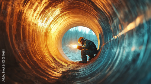 Industry 4.0 digital visualization: A heavy industry welder working inside a pipe, welding for the construction of an NLG (Natural Gas and Liquids) transport pipeline. The scene emphasizes clean, gree photo