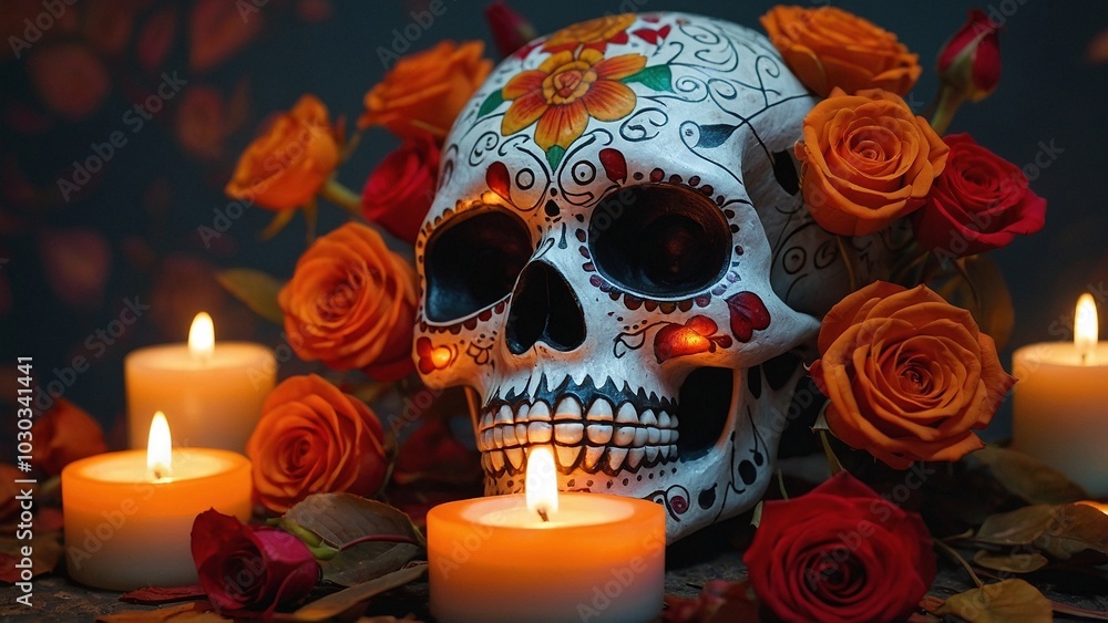 Dark mystical illustration of a dead painted calavera skull decorated by colorful flowers and lighting candles. Traditional Mexican Santa Muerte, Dia dos Muertos colorful illustration. Dark mystical illustration of a dead painted calavera skull decorated by colorful flowers and lighting candles. Traditional Mexican Santa Muerte, Dia dos Muertos colorful illustration.