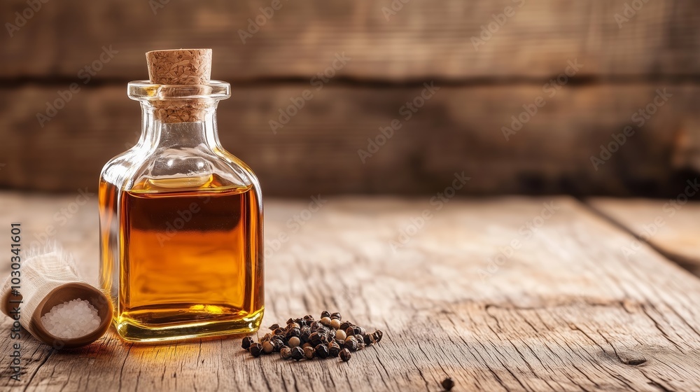 Glass Bottle of Oil with Peppercorns and Salt on Wooden Table. Glass Bottle of Oil with Peppercorns and Salt on Wooden Table.
