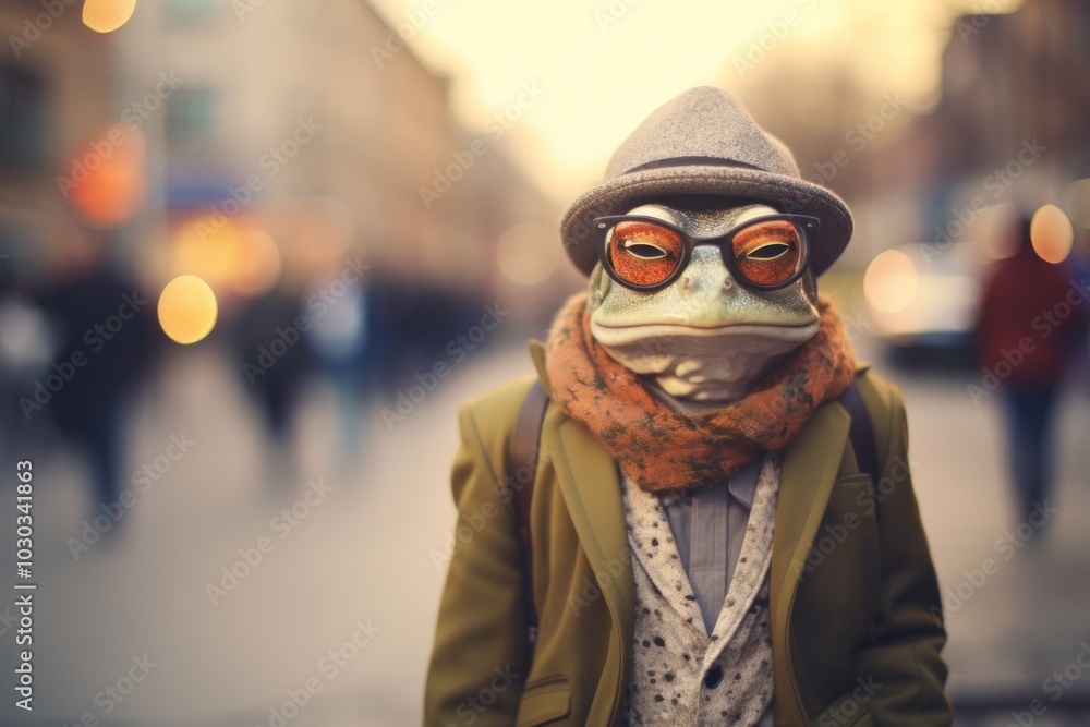 Hipster frog walking around the city on the street. Hipster frog walking around the city on the street.