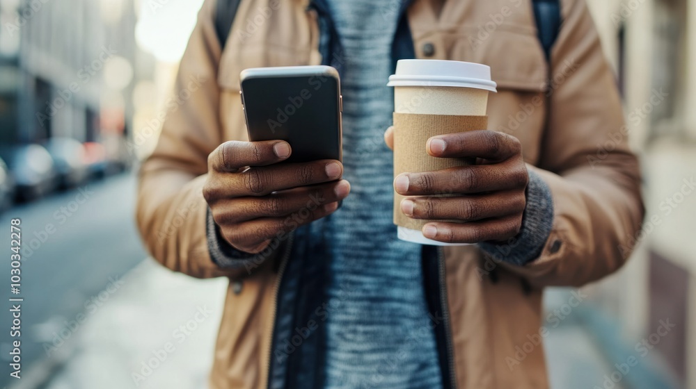 Fototapeta premium Single hand smartphone interaction, showcasing a man using a mobile device with one hand, while carrying a coffee cup in the other