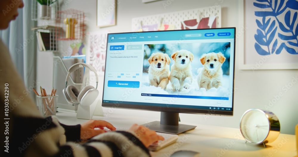 Teen girl enters prompt in artificial intelligence chatbot using ...