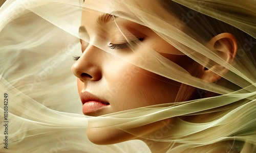 Close-up of a woman's face partly obscured by a sheer fabric, creating a dreamy and ethereal atmosphere.