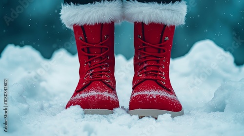 Santa s red boots stepping through deep snow, moonlit glow, closeup, intimate angle photo