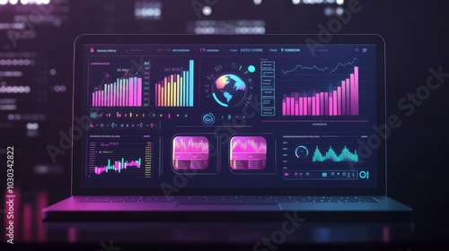 Transparent 3D illustration of a business dashboard on a laptop, displaying key aspects of business analysis, investment management, trading KPIs, and infographics.