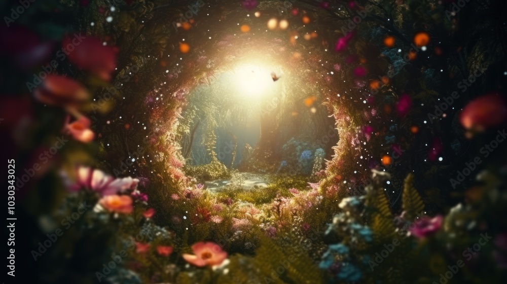 Mystical fantasy forest landscape with flower magic portal. Mystical fantasy forest landscape with flower magic portal.