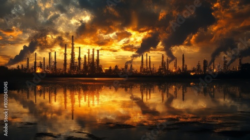 Oil refinery with the sun setting behind it