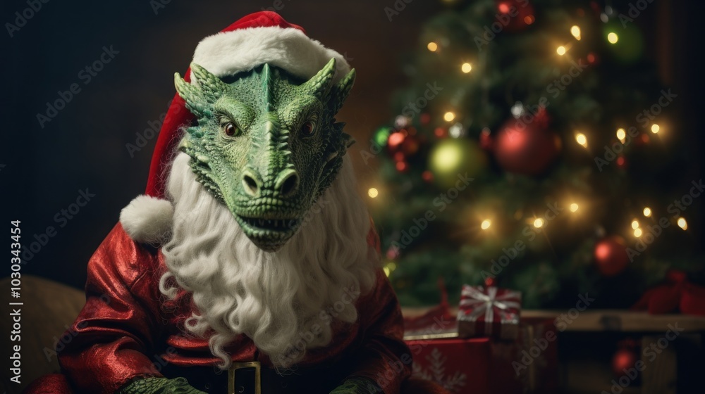 Fototapeta premium Portrait of a dragon in Santa hat. Christmas background.