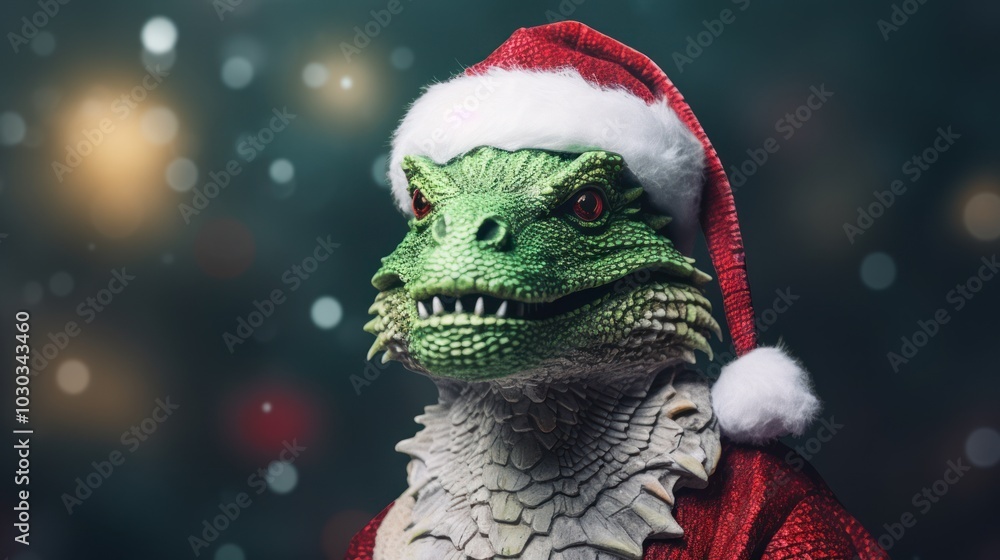 Portrait of a dragon in Santa hat. Christmas background. Portrait of a dragon in Santa hat. Christmas background.