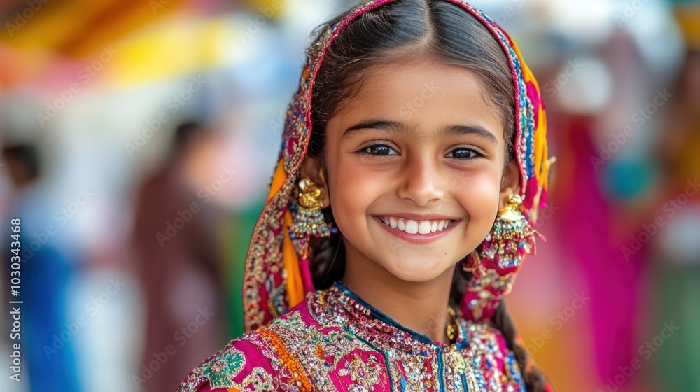 Fototapeta premium Smiling girl in ethnic attire, captured in a candid moment during a cultural festival, with vibrant colors around her