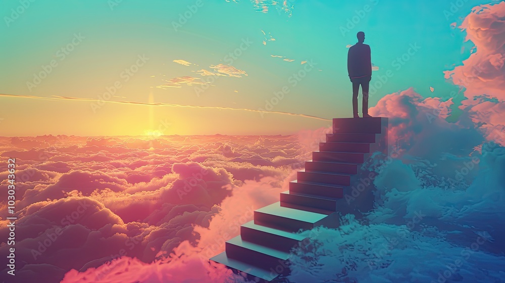 custom made wallpaper toronto digital3d render of man standing on top step stairs with sky blue backround